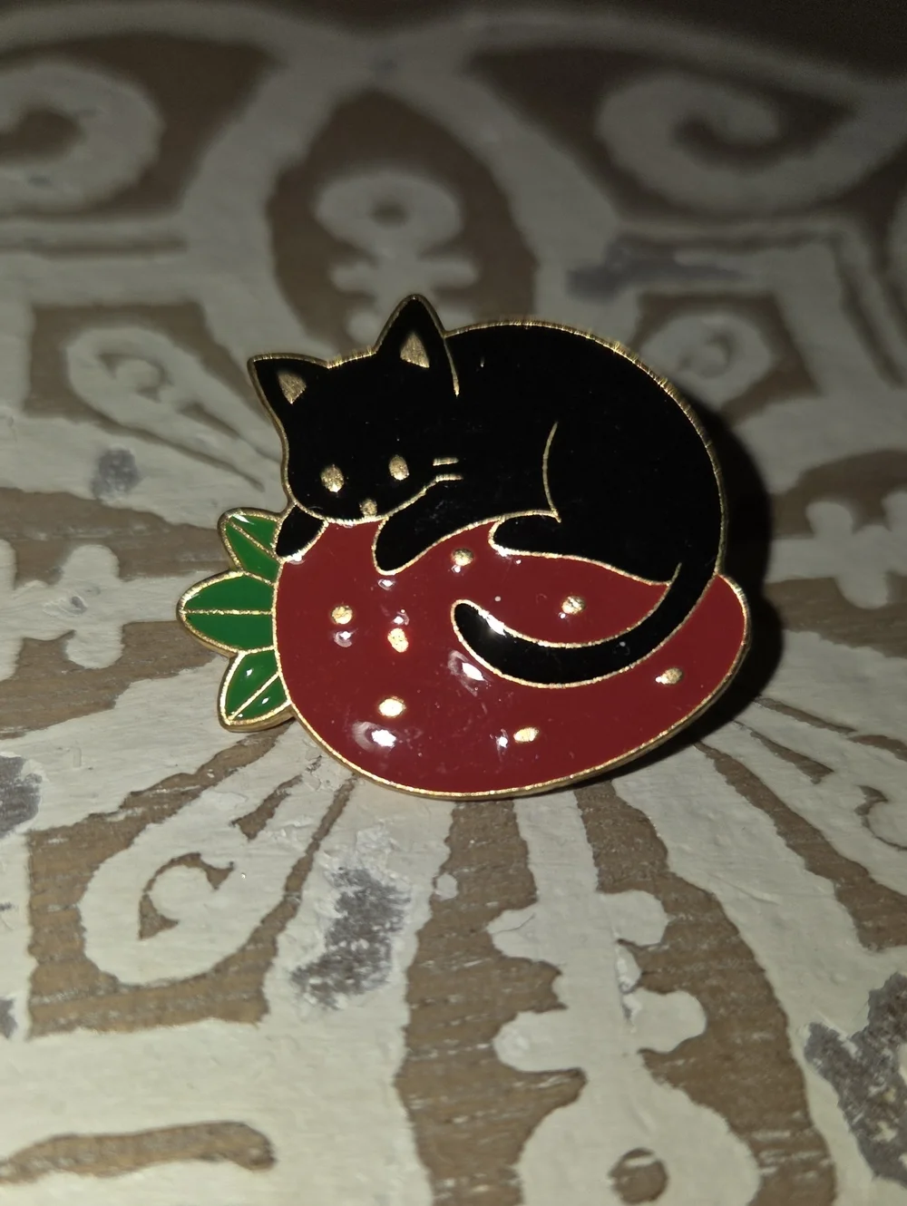 Black Cat on Red Strawberry Enamel Pin - Cute Pet-Themed Accessory